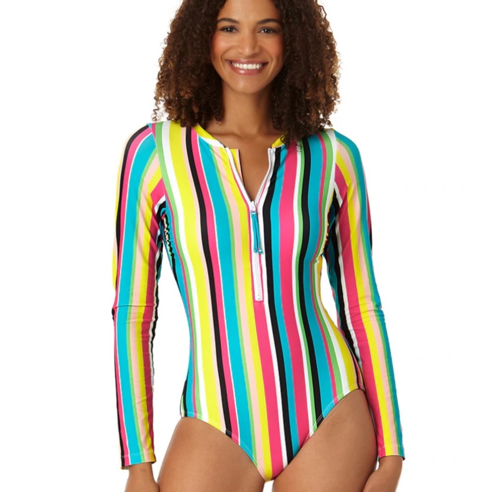 ANNE COLE LONG SLEEVE RASH GUARD SWIMSUIT WITH ZIP FRONT LAWNCHAIR STRIPE MUL… - Picture 3 of 8